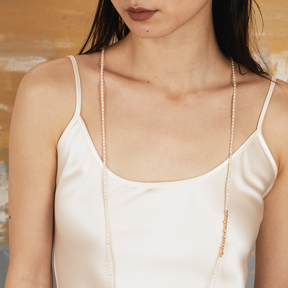 Fresh-water pearl & encrusted bubble  beaded long necklace