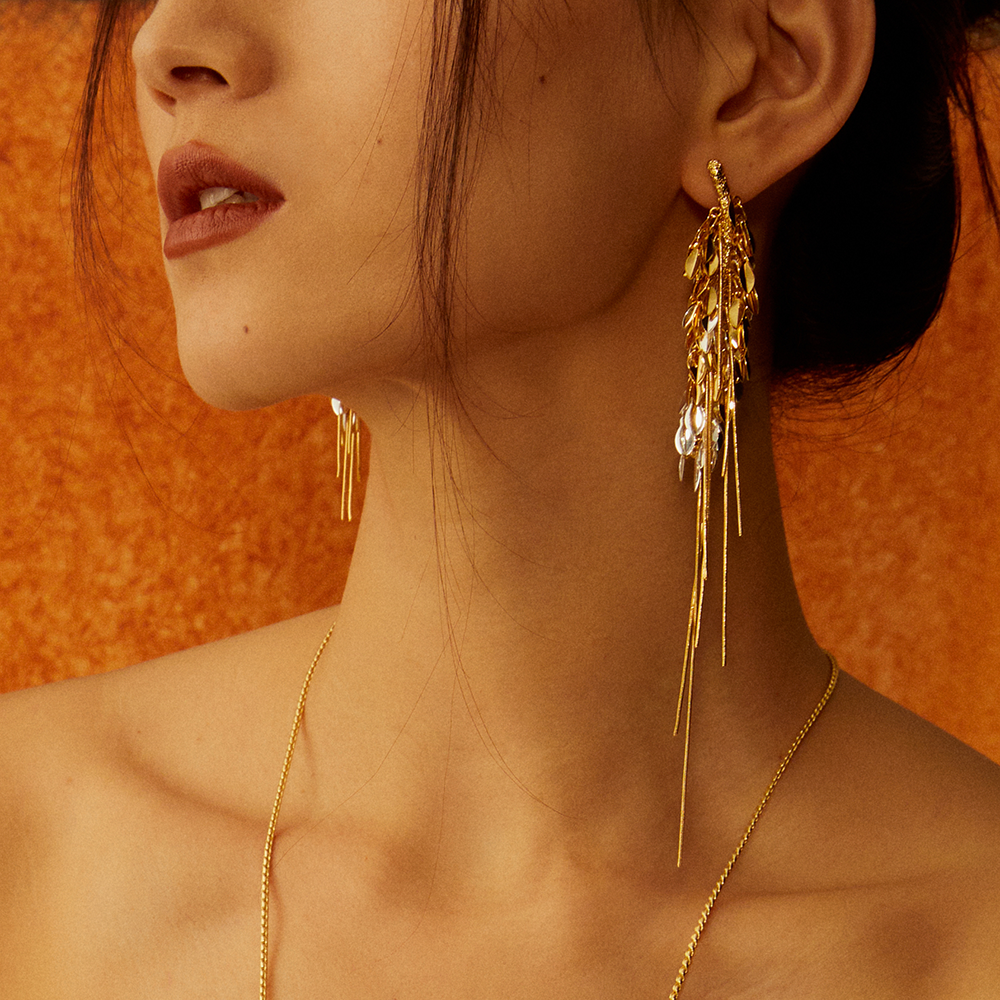 Wheat tassel long earring( right ) Gold\Gold & Silver