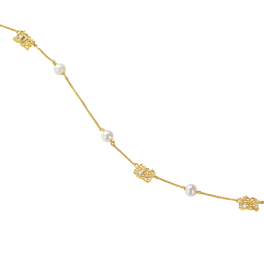 Long necklace with leavers lace fragments & fresh-water pearl drops