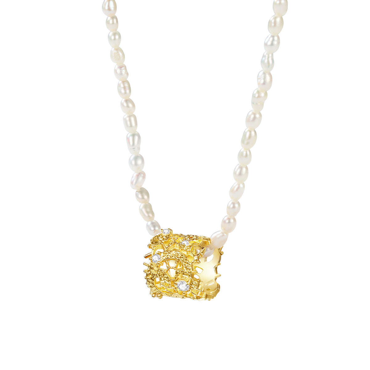 Fresh-water pearl necklace with leavers lace spiral pendant